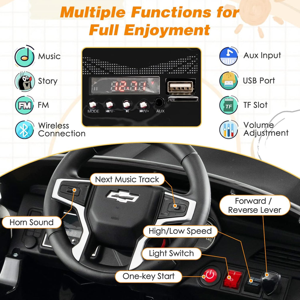 HONEY JOY Ride On Truck, 12V Licensed Chevrolet Tahoe, Chevy Electric Vehicle for Kids, Soft Start, Music, Lights, Battery Powered Ride On Car Toy with Remote Control, Gift for Boys Girls (Black)