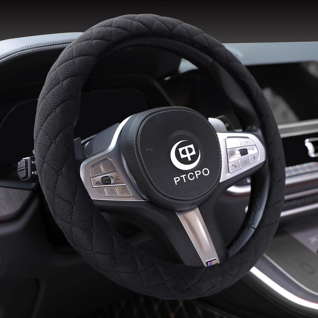 Soft Car Steering Wheel Cover for Sedan, SUV, Warm Luxury Velvet, Odorless, Universal, Anti Slip, Summer Winter, Black, Standard Size[14" 1/2-15"](37-38cm)