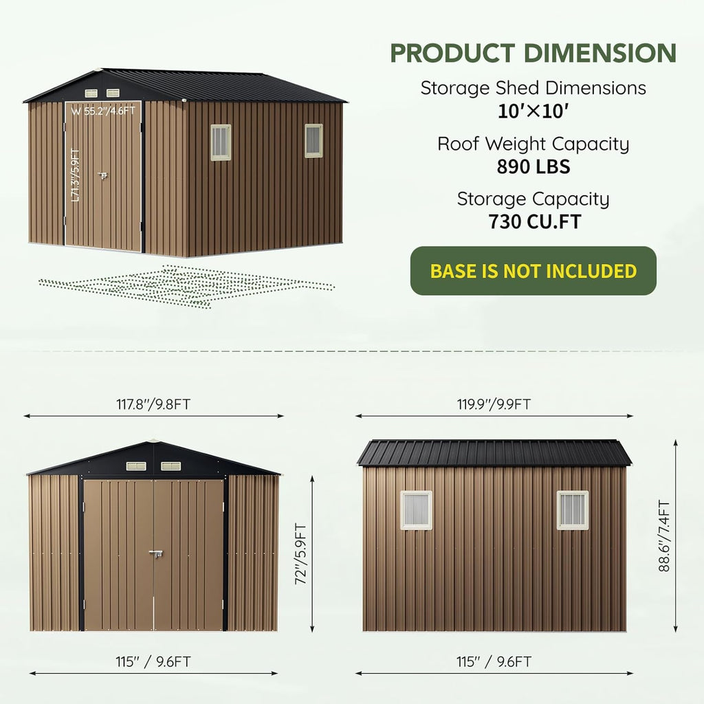 10x10 FT Outdoor Metal Storage Shed, Double Swing Doors, 2 Clear Windows,Tool Shed for Garden, Patio, Backyard Brown