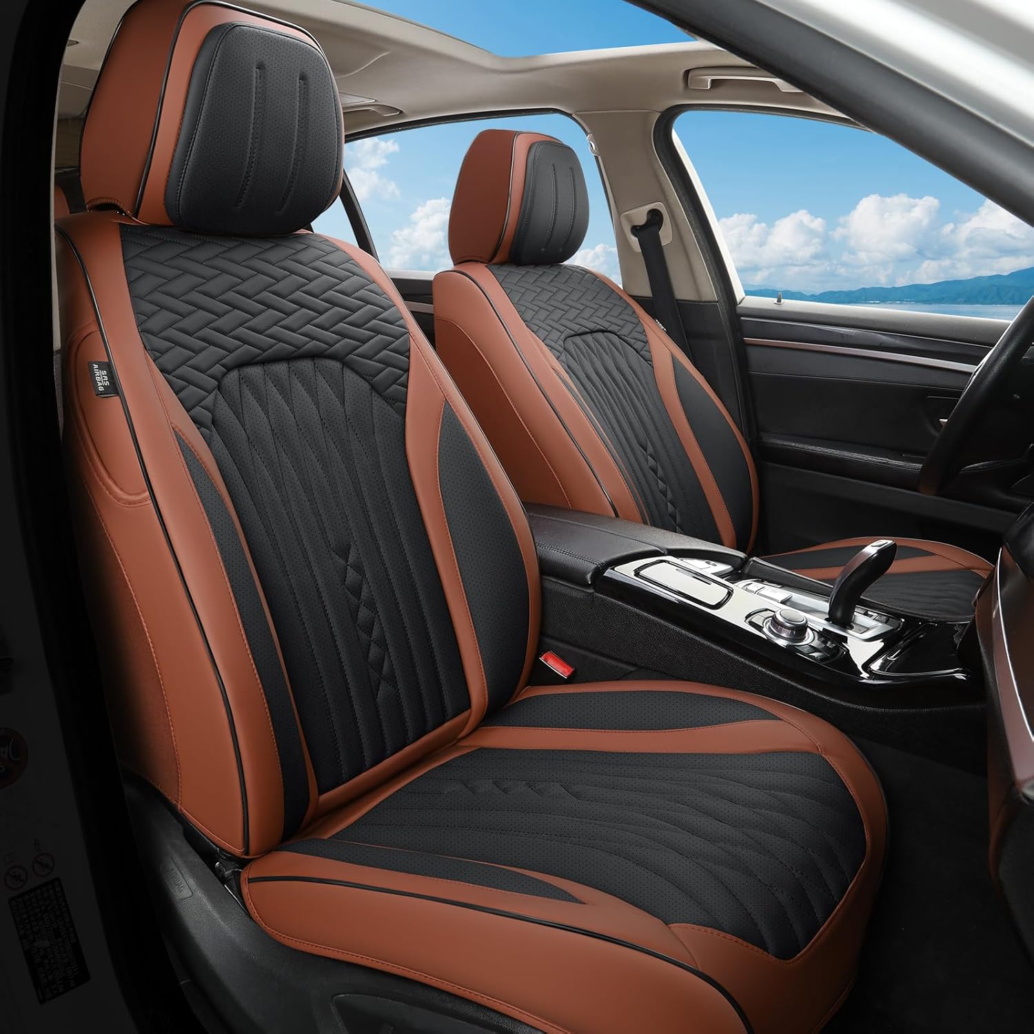 Car Seat Covers Full Set, Leather Seat Covers for Cars, Car Seat Protector Waterproof, Non-Slip Car Interior Covers Fit for Most Cars, SUV, Vans, Trucks,2Seaters,Full Set,Brown-Black,COMFDRIVE-A03