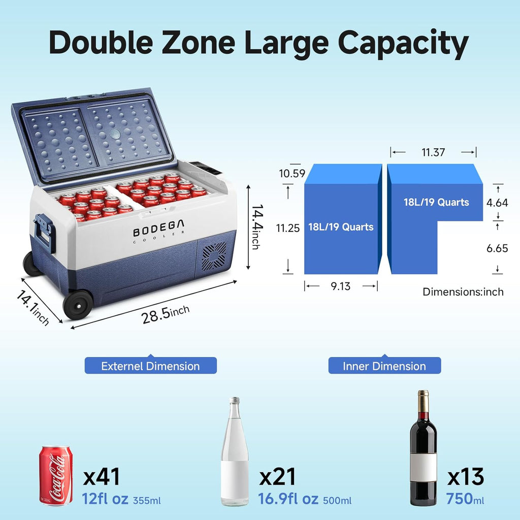 BODEGACOOLER 12 Volt Car Refrigerator,38 Quart Portable Freezer,Car Fridge Dual Zone APP Control,36L -4℉-68℉ Electric Compressor Cooler 12/24V DC and 100-240V AC for RV,Travel,Camping,Road Trip