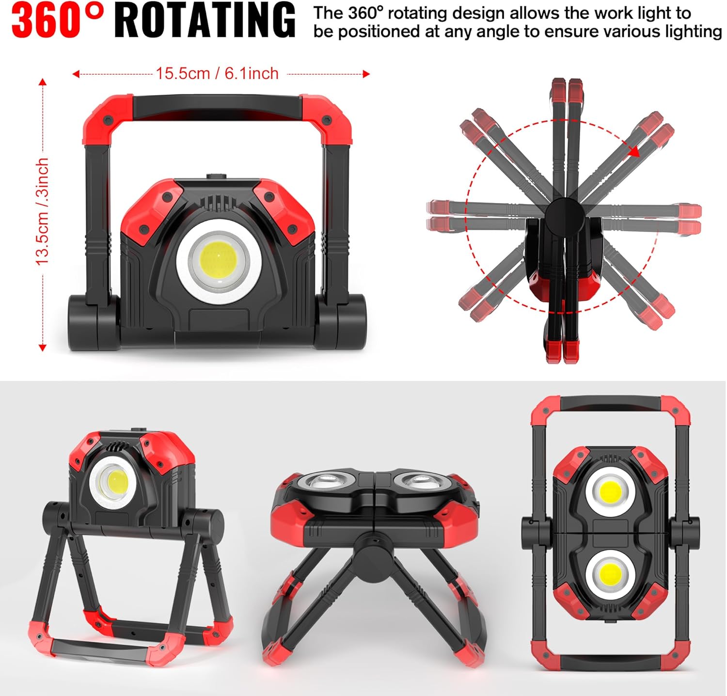 Adelante Rechargeable LED Work Light with Magnetic Bases, 2500LM 6500K 12 Hours Long Lasting, Mobile Charger, 360°Rotating Stand Waterproof USB Portable Flood Light for Mechanics, Repairing