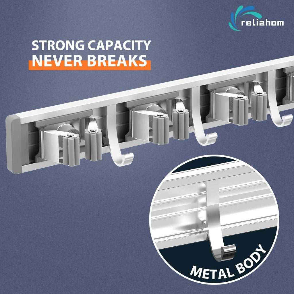 2 Pack Broom Holder Wall Mount Mop and Broom Hanger Wall Mounted Garage Storage Rack Kitchen Garden Tool Organizer (5 Racks with 4 Hooks, Silver)
