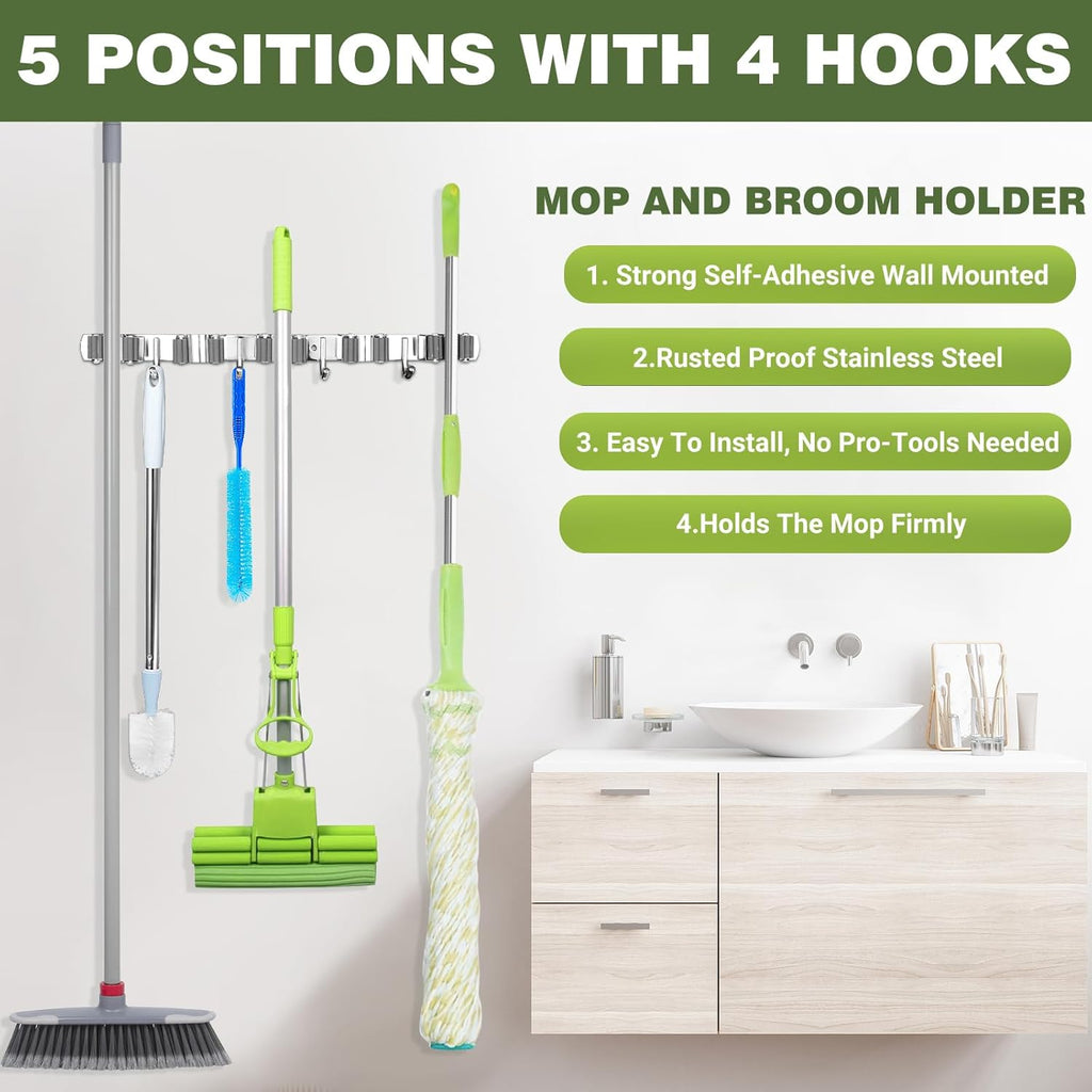 Broom Holder Wall Mount, Broom Organizer Wall Mount Stainless Steel Broom and Mop Hanger Heavy Duty Storage Organization for Home Kitchen Garden Garage Room 5 Racks 4 Hooks (1Pack)(Grey Racks)