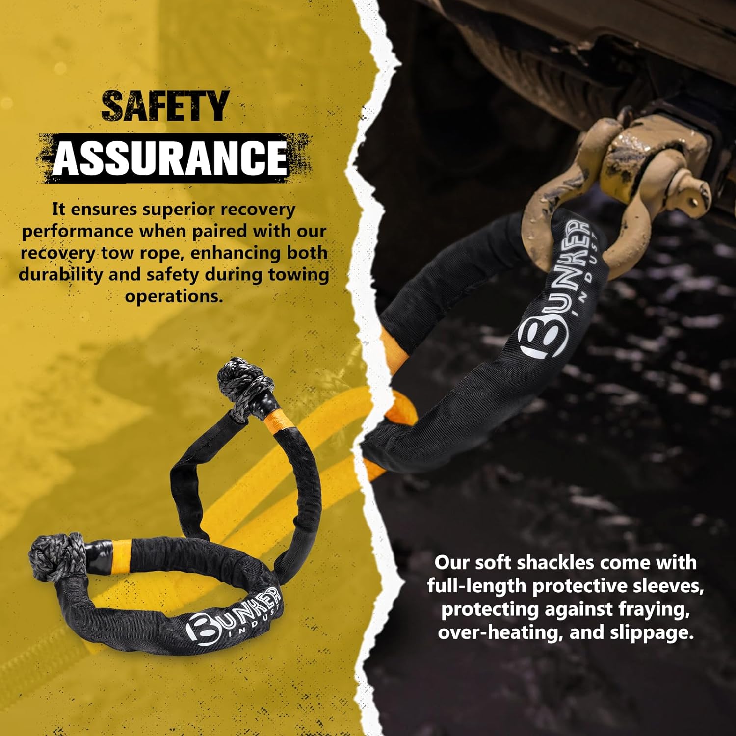 BUNKER INDUST 1"×30ft Kinetic Recovery Rope with 2 Soft Shackles Kit, Kinetic Recovery Tow Rope Snatch Strap Off Road Recovery Kit for UTV, ATV, Truck, Car, Jeep, Tractor