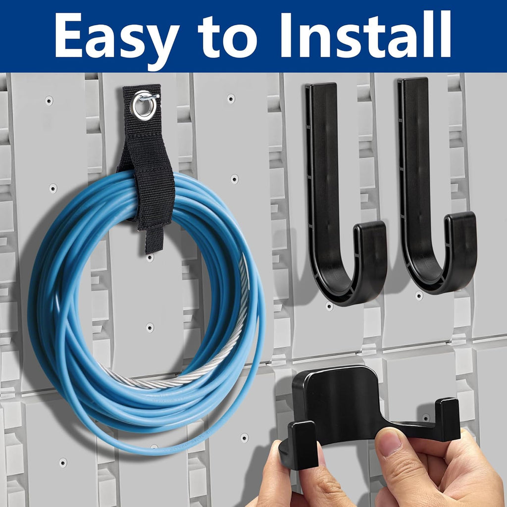 12 Pcs Storage Shed Tool Hooks with Extension Straps,ABS Shed Tool Hangers Include U-Shape and J-Shape,Storage Shed Shelves Accessories for Organizing Tool, Ladders, Bulk Items