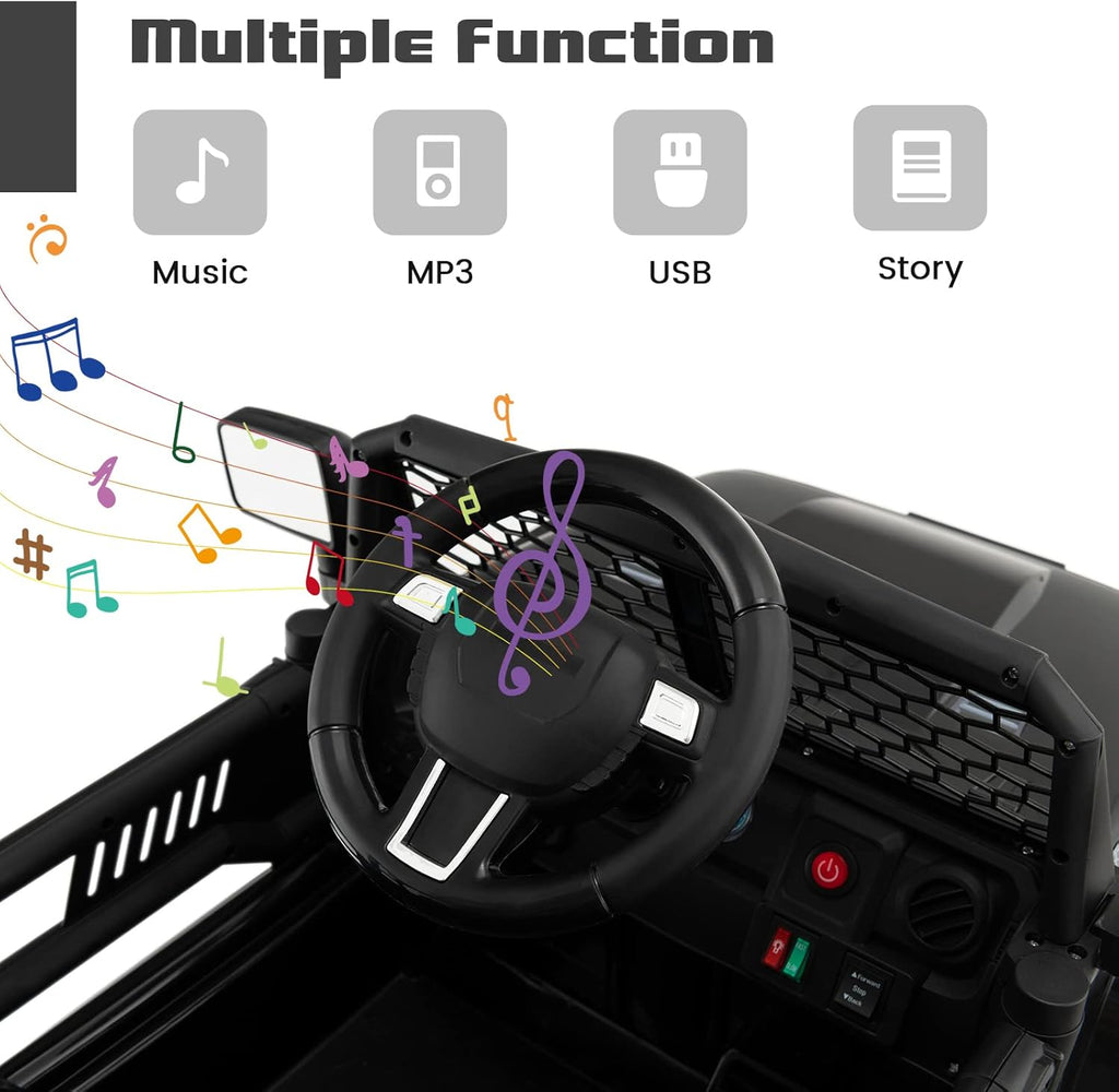 OLAKIDS Kids Ride On Truck, 12V Electric Vehicle Jeep Car with Remote Control, Toddlers Battery Powered Toy with 2 Speeds, Spring Suspension, Double Open Doors, LED Lights, Music, TF, USB, Mp3 (Black)