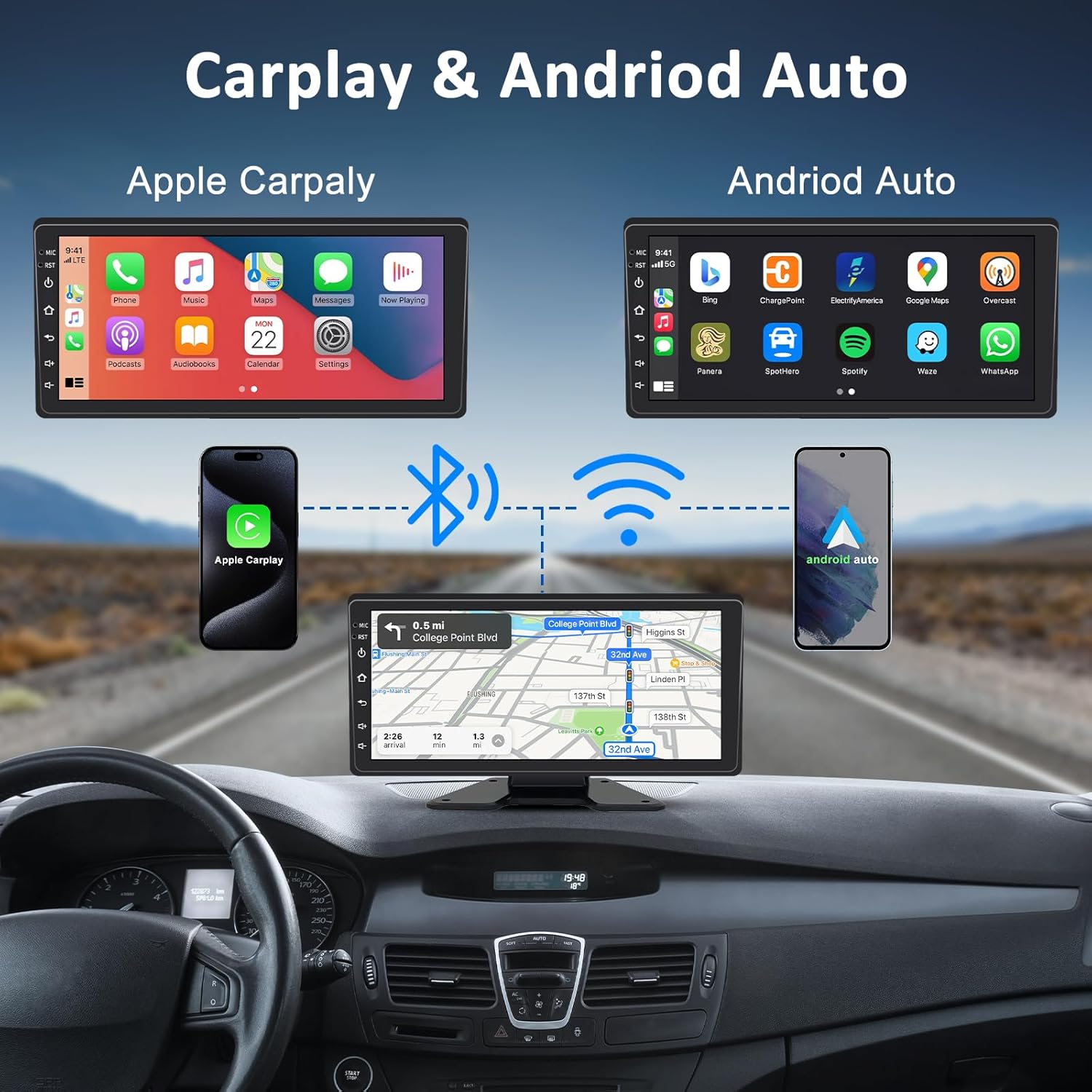5 Channel Backup Camera System,Carplay & Android Auto,GPS Navigation, Touchable 11 inch Monitor with Loop Recording DVR car Stereo,1080P Rearview Camera for RV/Truck/Trailer Pickup,128GB Card