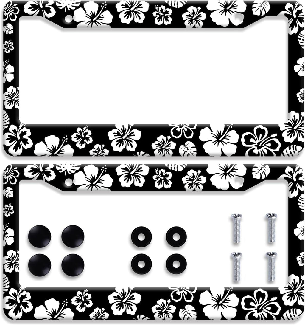 【2Pcs】 White Hibiscus Hawaii License Plate Frames Round Hole Personalise License Plate Frame Car Universal Accessories Stainless Steels Cars Decor Fits Standard US Vehicles Size: 12.2 x 6 Inches
