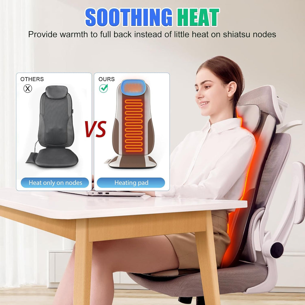 Shiatsu Back Massager with Heat, Massage Chair Pad Seat Cushion for Stress Relief, Deep Tissue Kneading & Roller, 2 Vibration Motors, Back Waist Hip Massager, PU Leather, with 2 Adapters