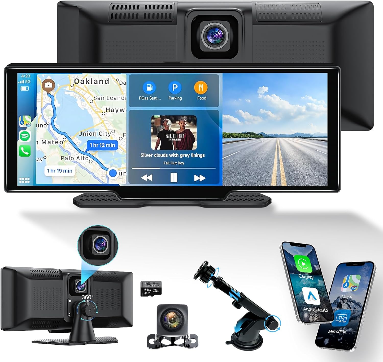 Portable Carplay Screen 10.26'' HD IPS Apple Carplay & Android Auto Screen for Car, Wireless Car Play Stereo with 4K Dash Cam/1080P Rear Camera, Car Audio Receivers,GPS Navigation,Mirror Link,FM,Siri