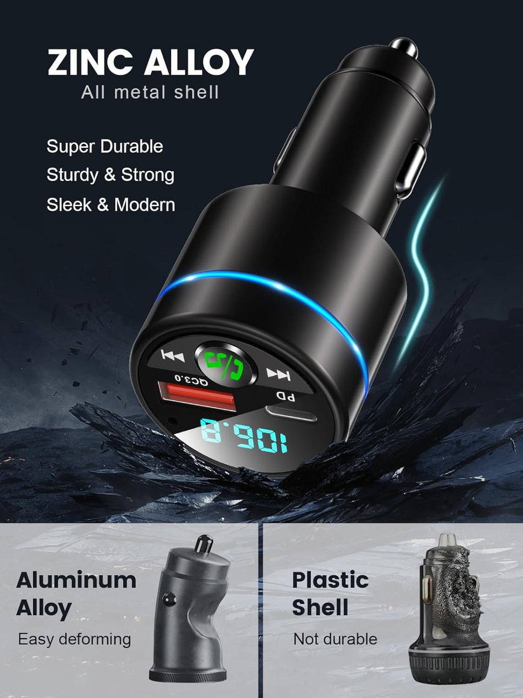 FM Transmitter for Car Bluetooth 5.3, [All-Metal] PD 30W & QC3.0 18W Fast Car Charger, Wireless FM Radio Car Kit Bluetooth Car Adapter, Noise Cancelling Hands-Free Call, Blue Light - Black