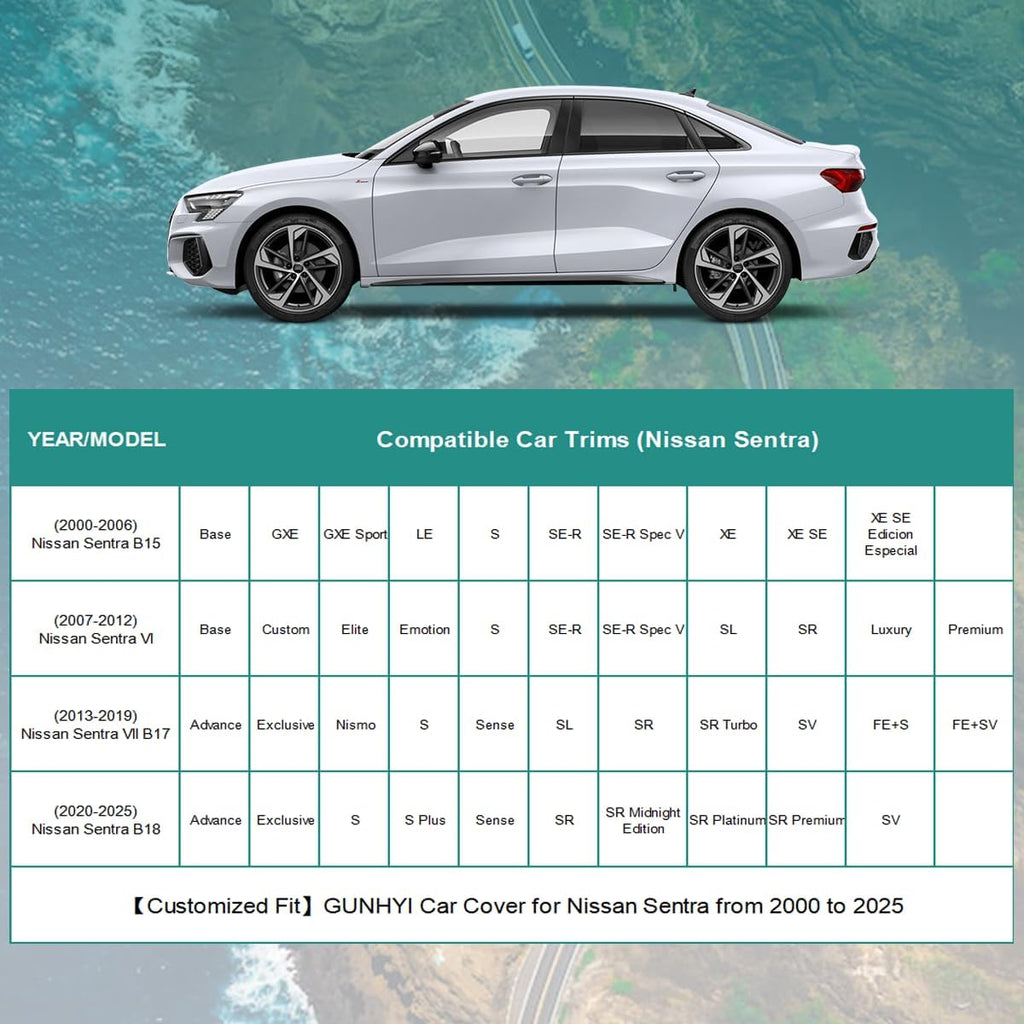 Premium Car Cover Custom Fit Nissan Sentra (2000-2025), 16 Layers Heavy Duty Car Cover Waterproof All Weather with Zipper Door for Sun Rain Snow Dust Uv Protection