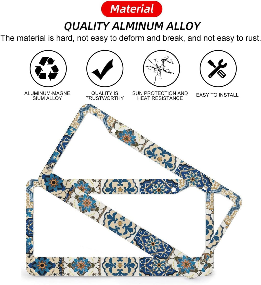 Boho Mexican Tile License Plate Frames - 2 Pcs Set 2 Holes Metal Aluminum Auto Car Accessories Decoration License Plate Frame 12.2 x 6.3 inch for Women Men Gift