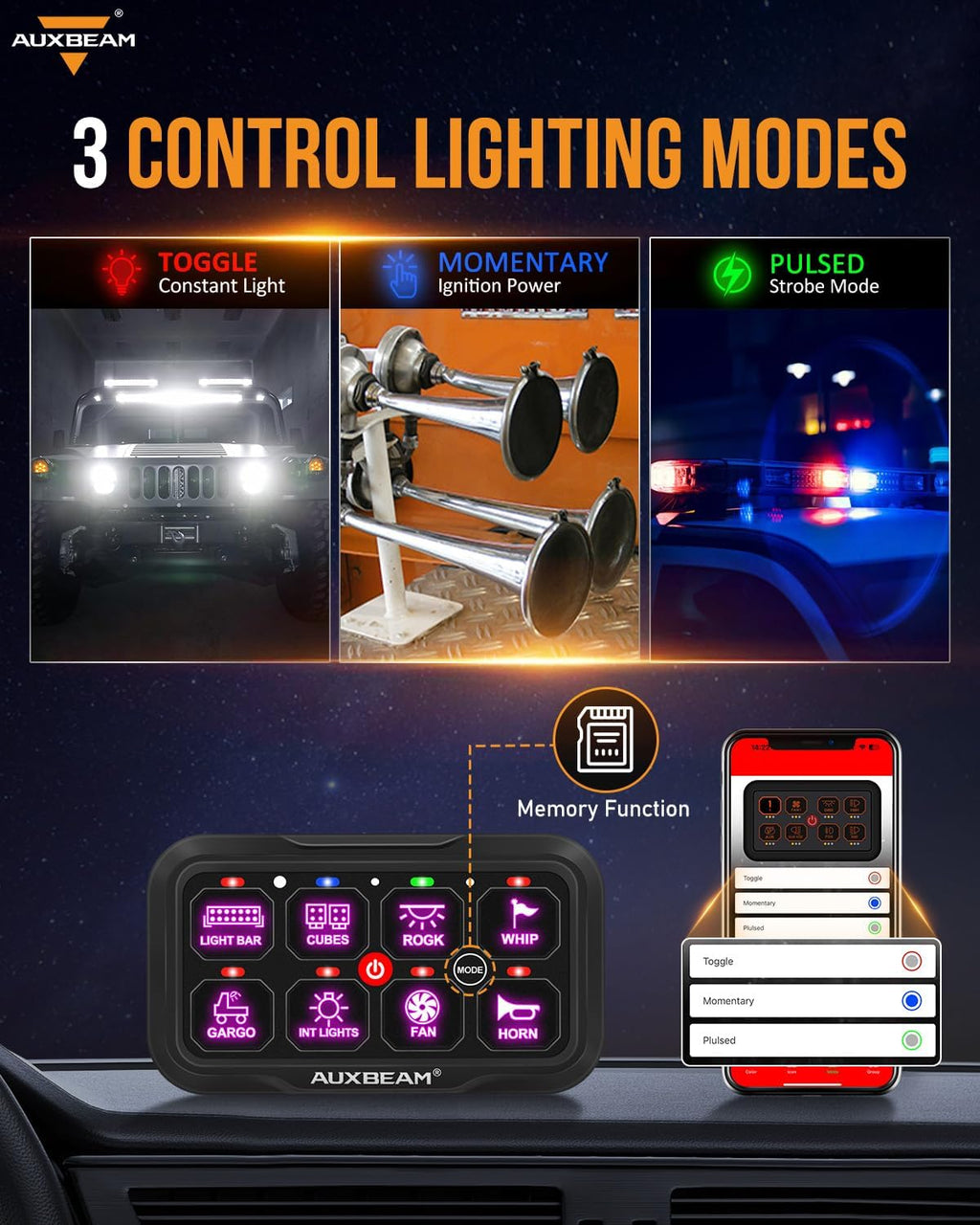 Auxbeam 8 Gang Switch Panel Bluetooth AR-800 RGB Switch Pod with Backlit Off Toggle Momentary Pulsed Auxiliary Switch Panel for Truck SUV ATV Marine RV Multifunction 12-24V Waterproof 2 Years Warranty