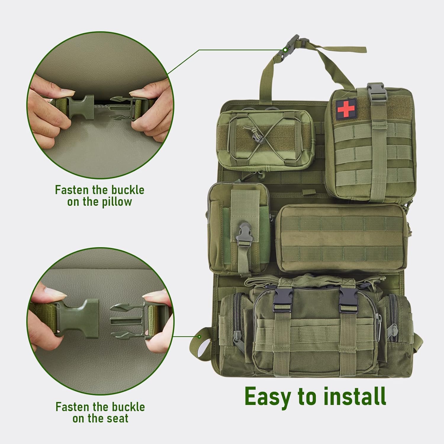 Universal Tactical Seat Back Organizer Vehicle Molle Panel Organizer Storage Bag with 5 Detachable Molle Pouch for All Vehicel Such as Jeep,Truck,SUV, Car, Ford,Chevy etc