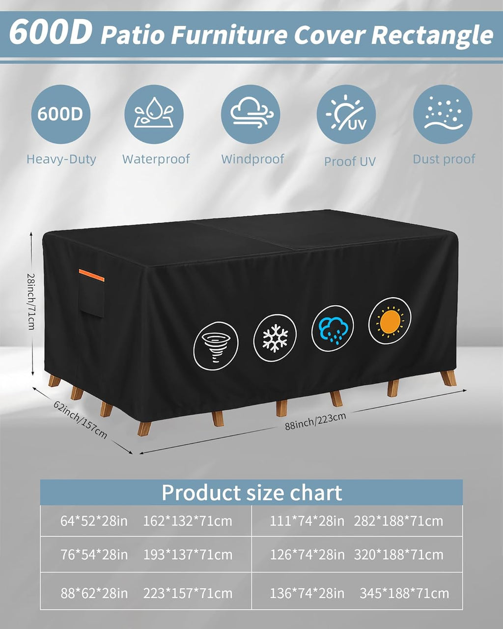 Outdoor Waterproof Furniture Cover, 88W x 62L x 28H inches Heavy Duty 600D Rectangular Table and Chair Set Protection, Black
