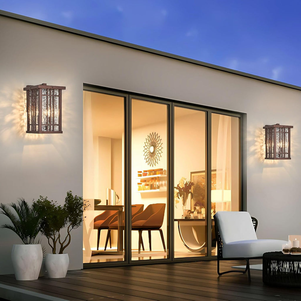 2-Light Outdoor Wall Light E26 Base Metal Frame - Brown Exterior Waterproof Lanterns with Clear Glass,Porch Wall Mount Lighting for Garage, Patio(Bulb not Included)
