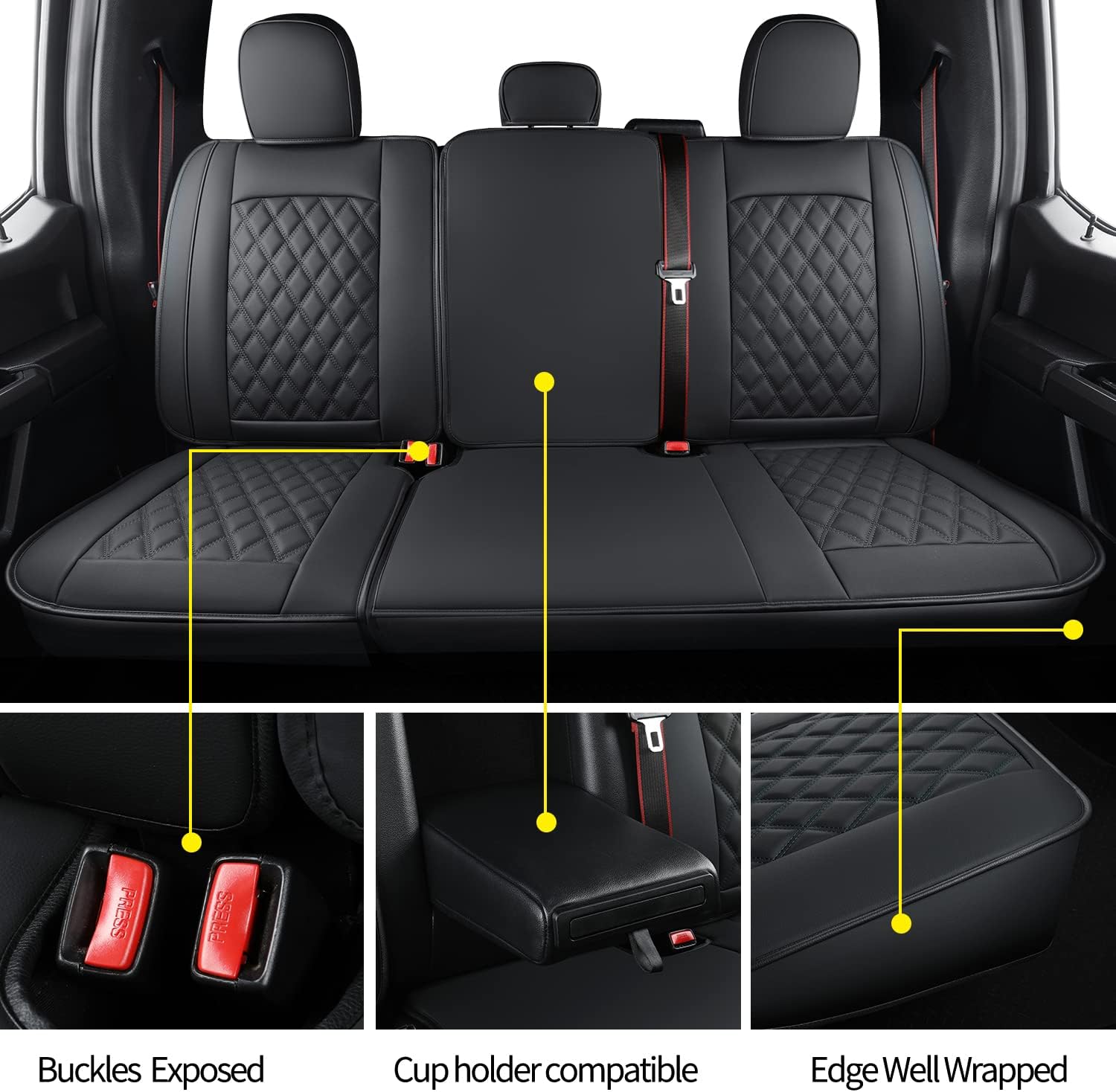 LUCKYMAN CLUB F150 Faux Leather Seat Covers Fit for 2015-2024 2025 F150 SuperCrew and 2017-2025 F250 F350 F450 Super Duty Crew Cab Pickup Trucks(Rear,Black)