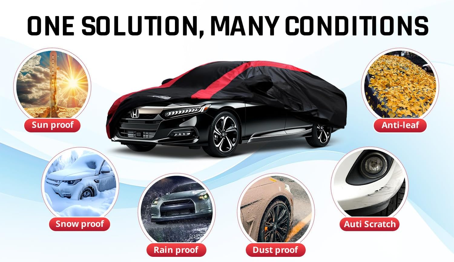 Honda Accord Car Cover Waterproof All Weather with Red Strip Design, Custom Fit for Honda Accord 1998–2025, Accord Accessory with Door Zipper & Windproof Straps