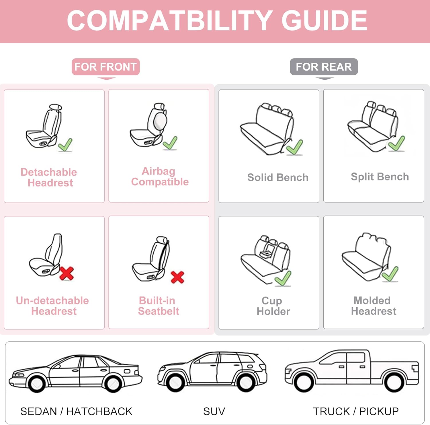 Car Seat Covers Full Set, Front and Rear Seat Covers for Cars, Waterproof Leather Auto Seat Protectors with Head Pillow, Car Seat Cushions Fit for Most Sedans SUV Pick-up Truck, Pink