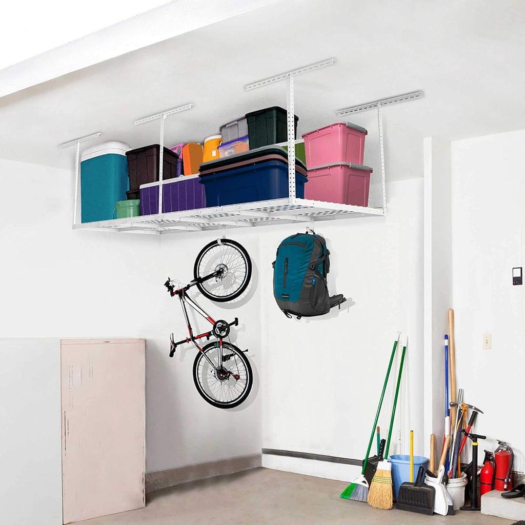 3ftx8ft Overhead Garage Storage Rack, Heavy-Duty Metal Garage Ceiling Storage Rack, 22''-40" Adjustable Ceiling Drop-Down, 600 lb. Loading Weight Capacity, White
