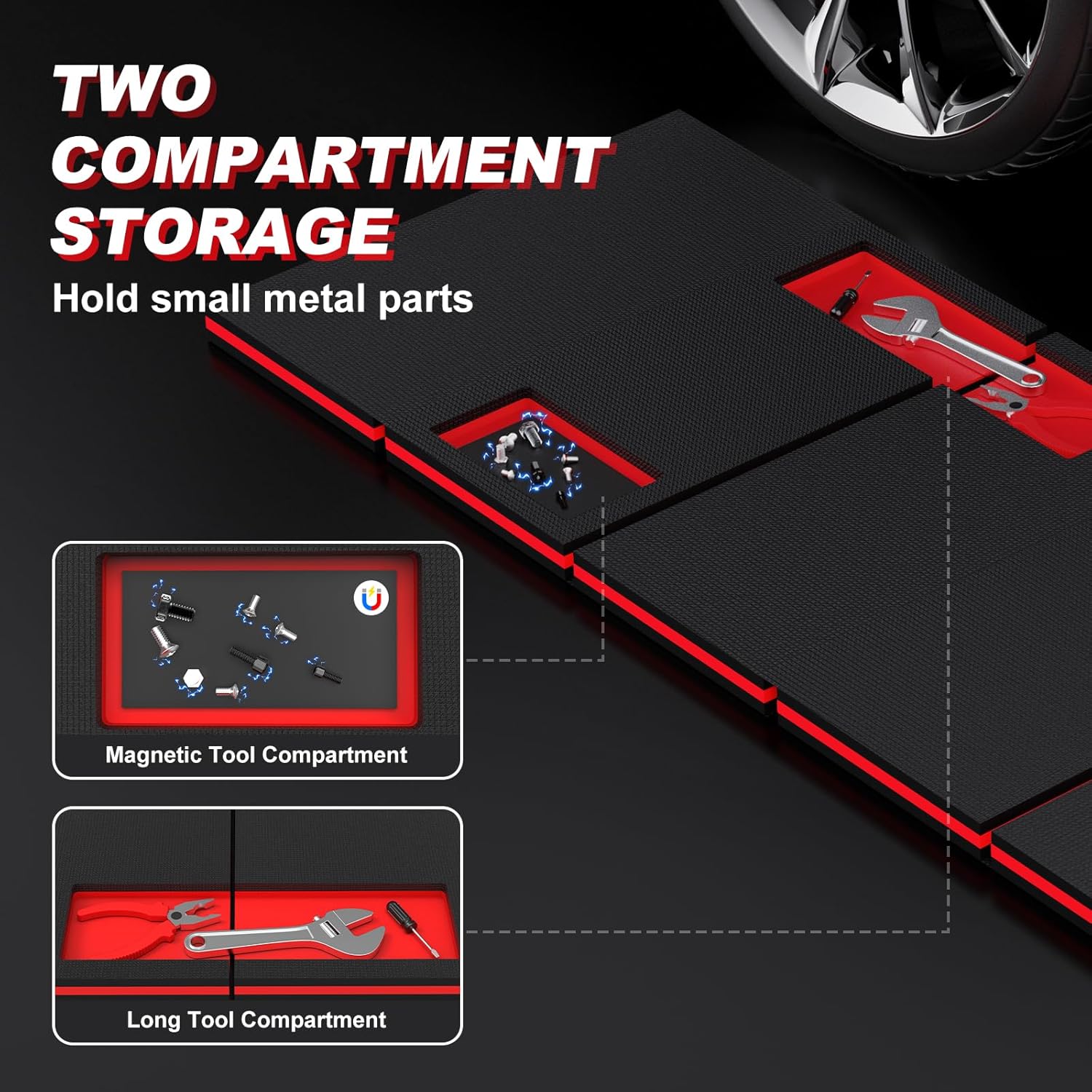 Thick Mechanic Mat, Foldable EVA Mat with Magnetic Tool Compartments, Waterproof Mechanic Kneeling Pad with Handle for Garage Workshop Repairing Gardening, 46.5" x 15.8" x 1.1 ", Black & Red