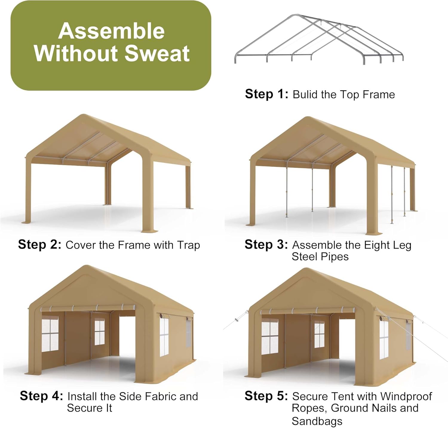 Heavy Duty Carport, Portable Garage with 4 Doors & 4 Window，Upgraded Carport with Reinforced Steel Poles, Uv Resistant All-Season Waterproof Tarp, for Car, Truck, Boat