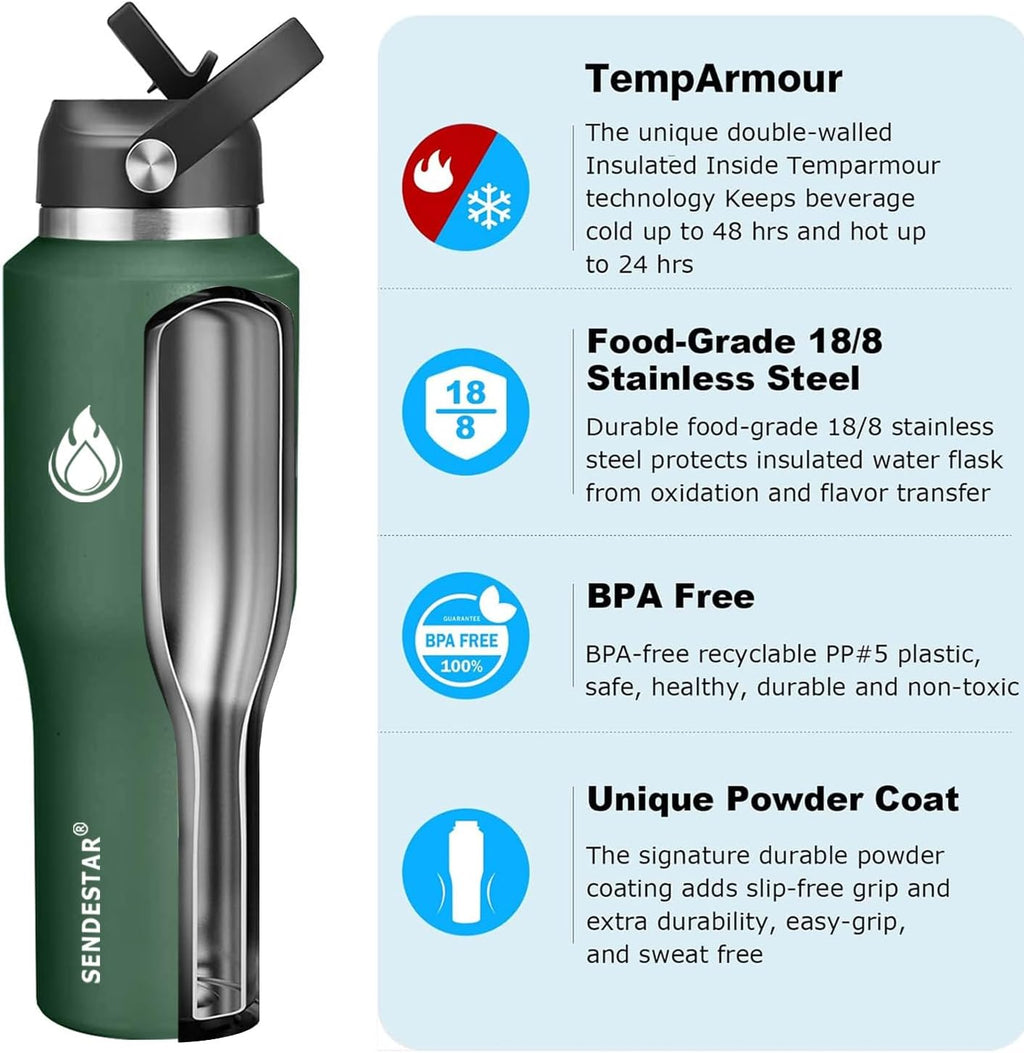 SENDESTAR 40oz Water Bottle Wide Mouth Stainless Steel Vacuum Insulated Double Wall with 2 Straw Lids Fit in Any Car Cup Holder TXIN-40-Dark Green