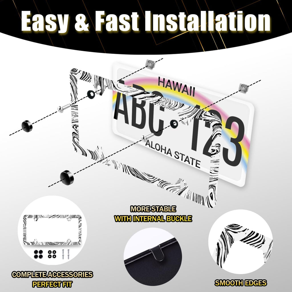 Abstract Marble Print License Plate Frame Wood Texture Marble License Plate Stainless Steel Colorful Car Accessory Funny License Plate Decoration Men Women Size 12.2"x6.2" with Screws