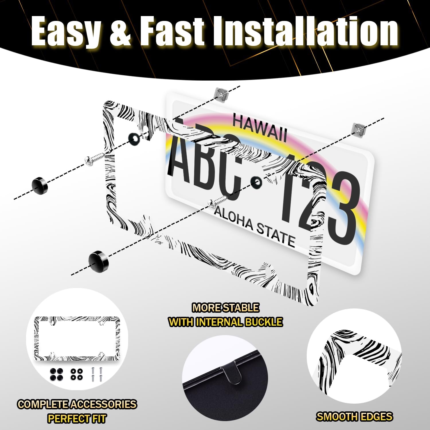 Abstract Marble Print License Plate Frame Wood Texture Marble License Plate Stainless Steel Colorful Car Accessory Funny License Plate Decoration Men Women Size 12.2"x6.2" with Screws