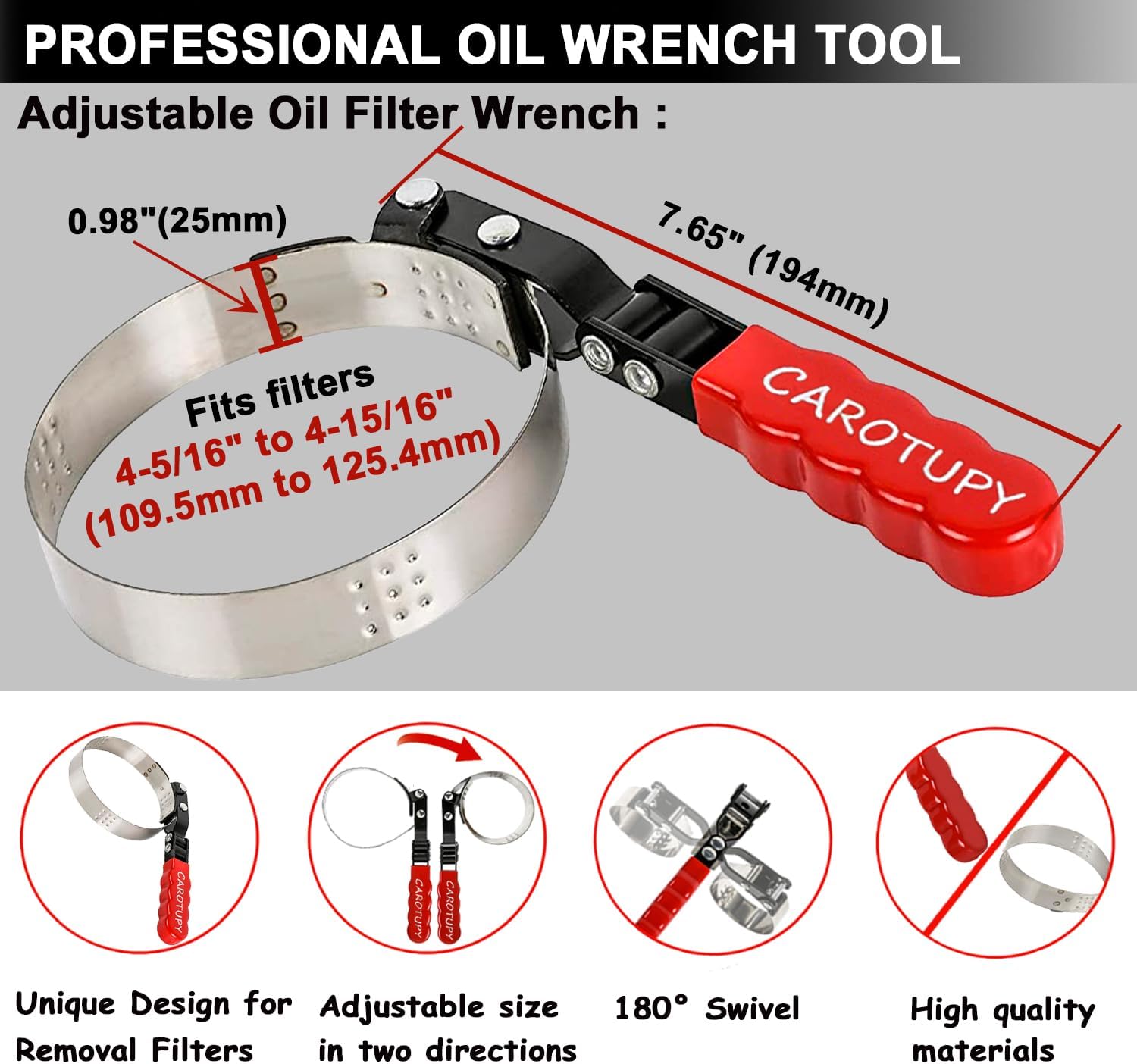 Large Oil Filter Wrench, Oil Filter Removal Tool Fits Filter from 4-5/16" to 4-15/16" for Oil Change