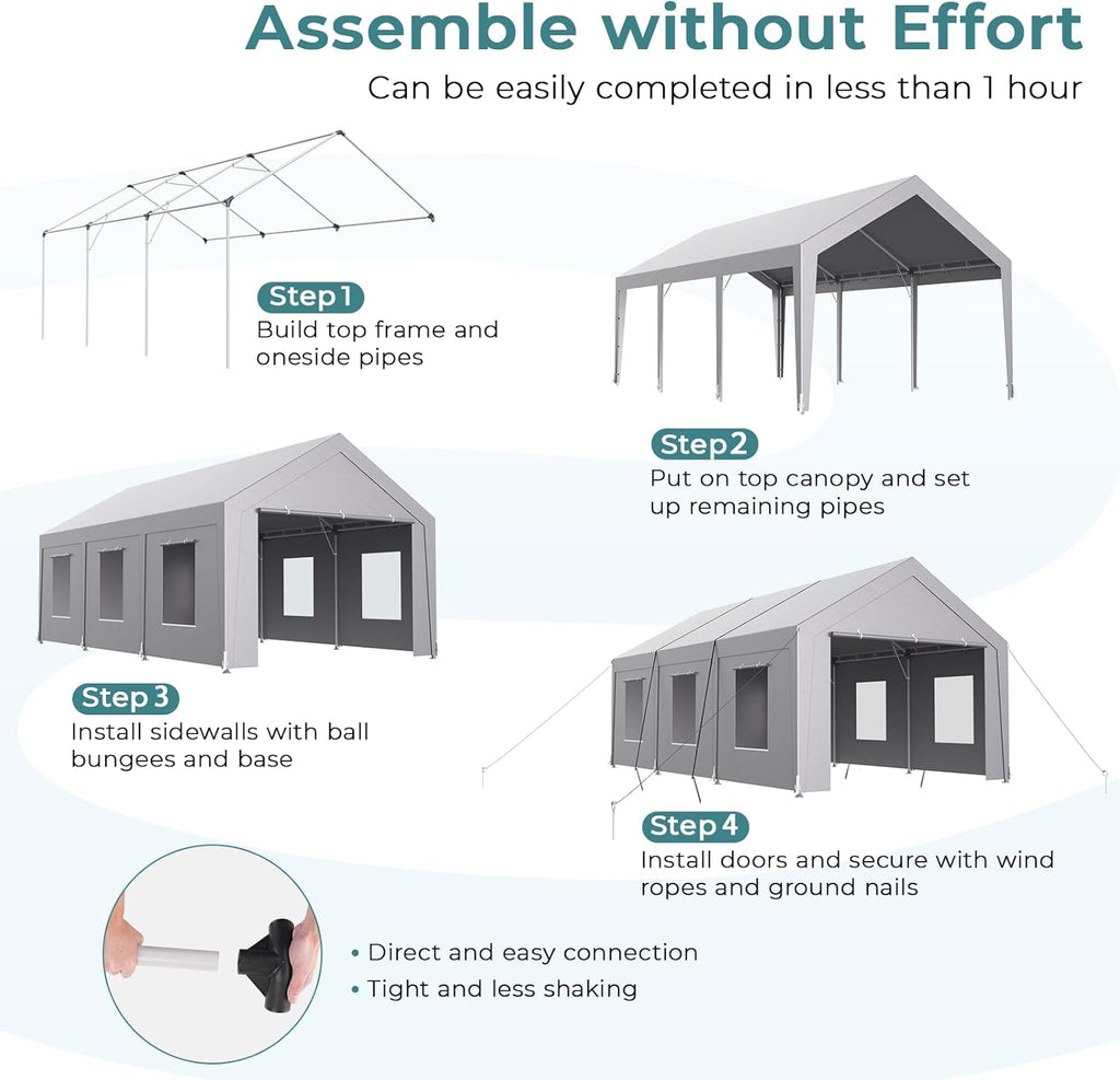 Carport 12x20 ft Heavy Duty, Car Port with Reinforced Steel Frame and 6 Roll-up Windows, Portable Garage with Sturdy Ground Nails, Waterproof All-Season Car Canopy for Boat, Truck, Grey