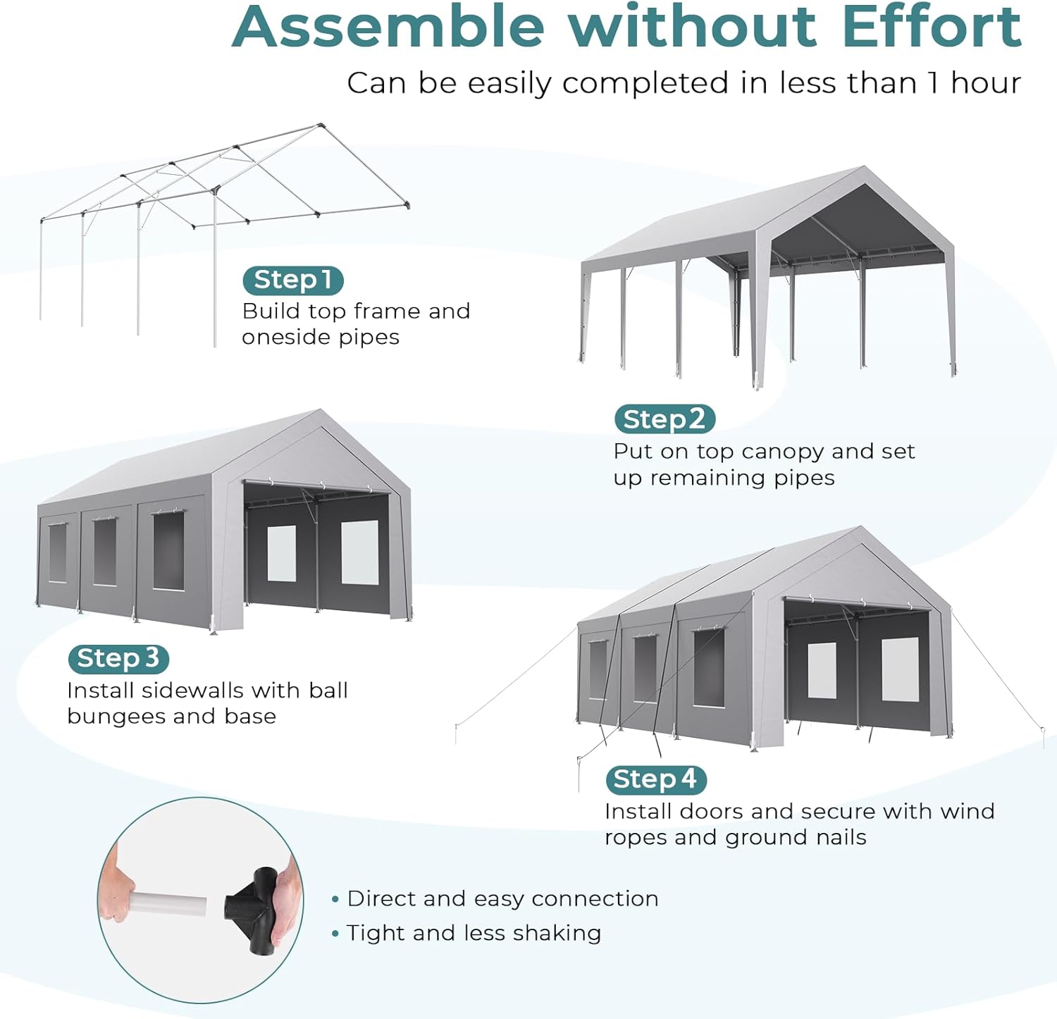 Carport 12x20 ft Heavy Duty, Car Port with Reinforced Steel Frame and 6 Roll-up Windows, Portable Garage with Sturdy Ground Nails, Waterproof All-Season Car Canopy for Boat, Truck, Grey