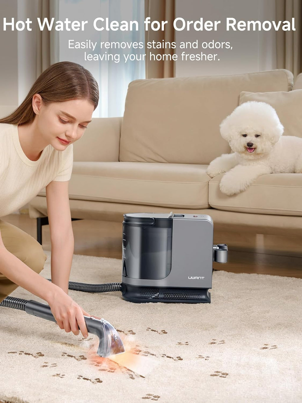 uwant Portable Carpet Cleaner with Steam& HeatingSystem, 18Kpa Powerful Suction Carpet Cleaner Machine with Exclusive Tools 2in1 Upholstery Steam Cleaner Machine (Grey)