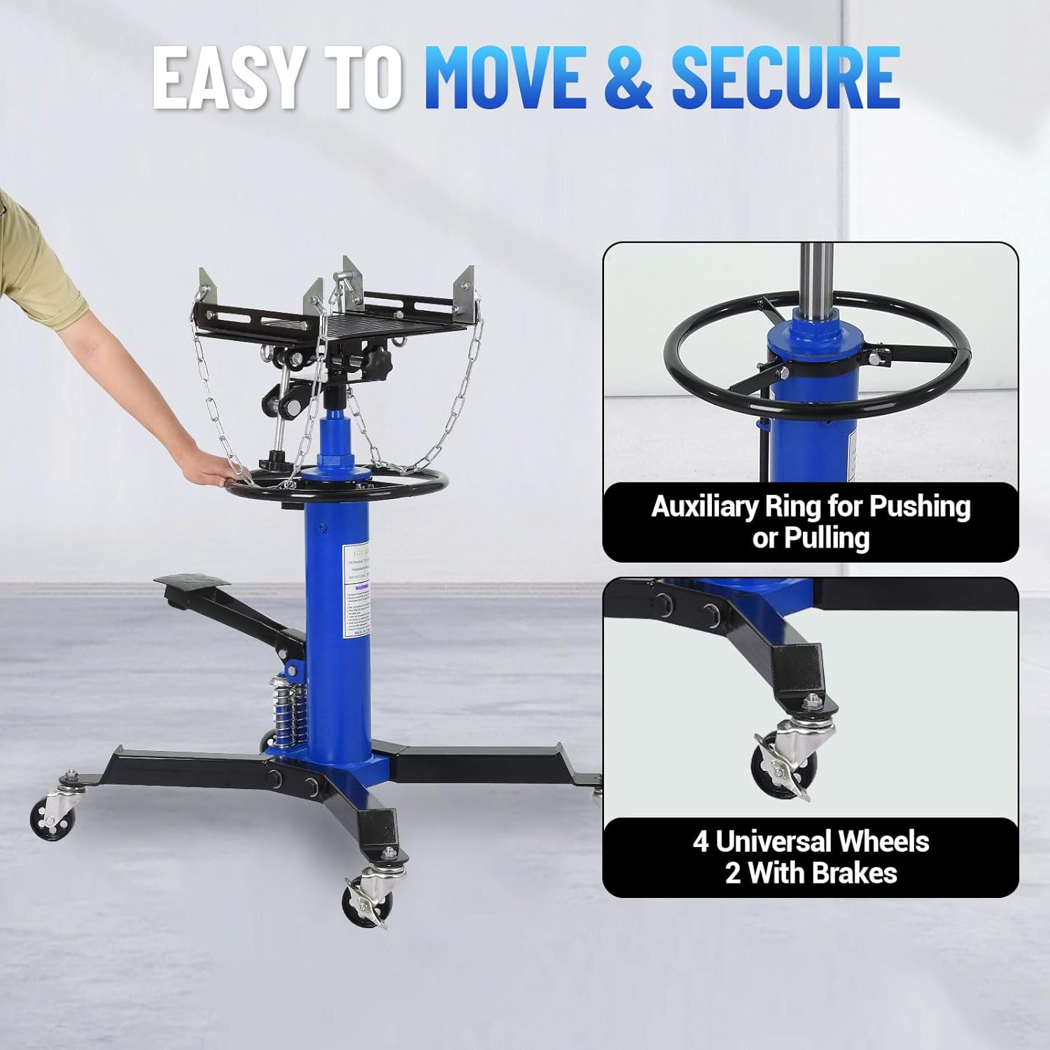 Dual Plunger Hydraulic Transmission Jack 1322lbs Capacity, 33.5"-69" High Lift 2-Stage Hydraulic Telescoping Jack, Trans Jack Stand with 8MM Non-Slip Pad, Foot Pedal & Swivel Wheel, Blue