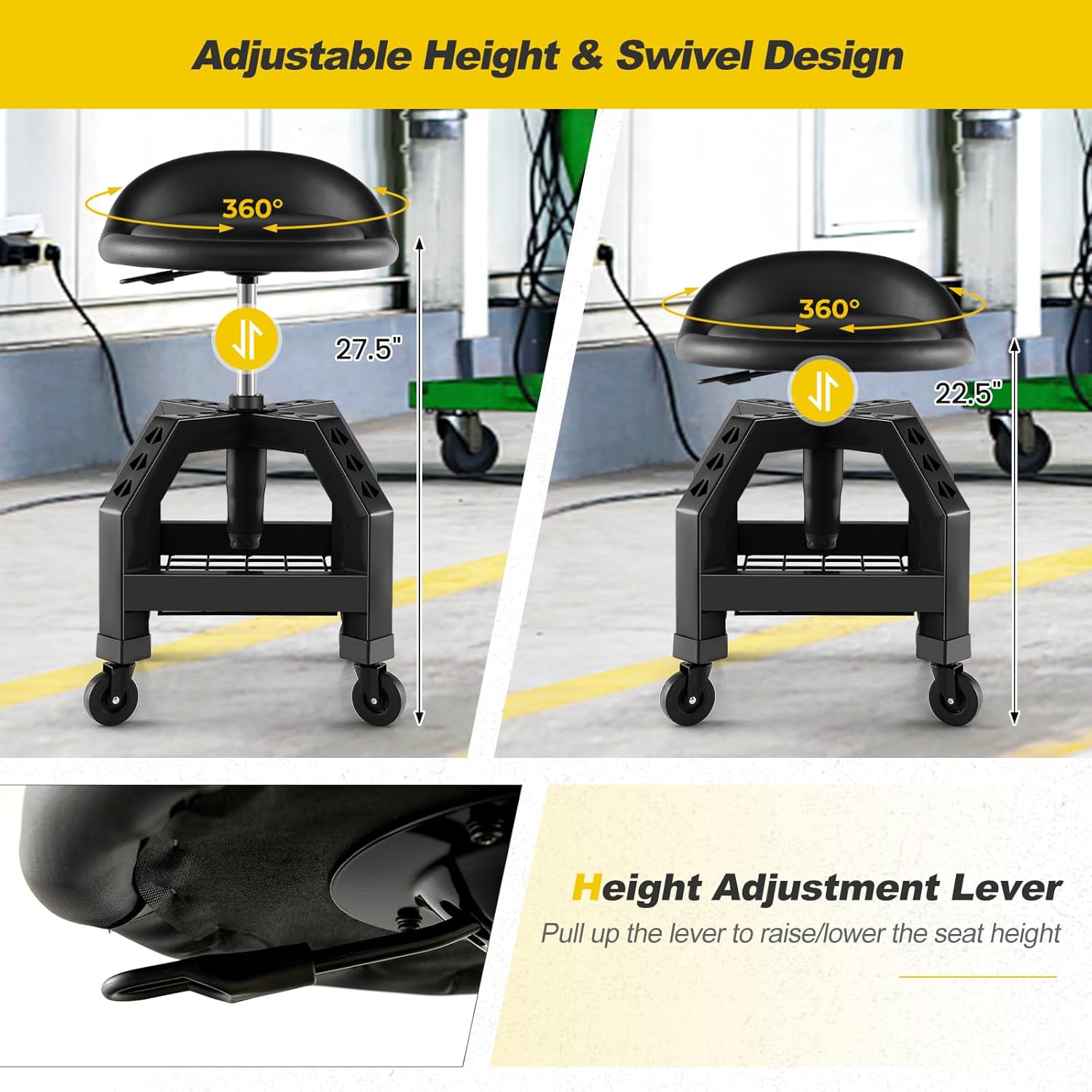 Goplus Rolling Garage Stool, 22.5”-27.5” Adjustable Mechanic Chair with Padded Seat, 330LBS Capacity, Tool Tray, Heavy Duty Creeper Seat, 360° Swivel Shop Stool for Workshop