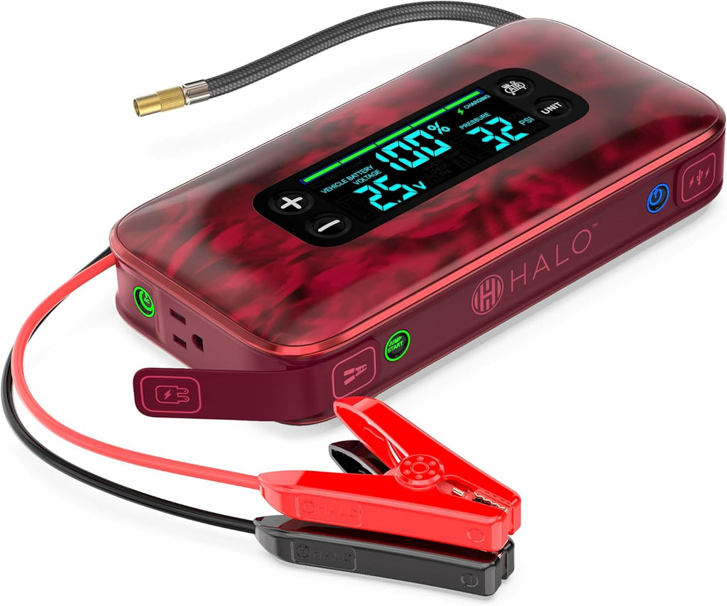 HALO Bolt Ultimate 3 Portable Car Battery Jump Starter | 130 PSI Air Compressor, 55.5Wh USB Power Bank, Large Display, Emergency Floodlight & Charger, Jumps Cars SUVs & Trucks, Inflates Tires — Red