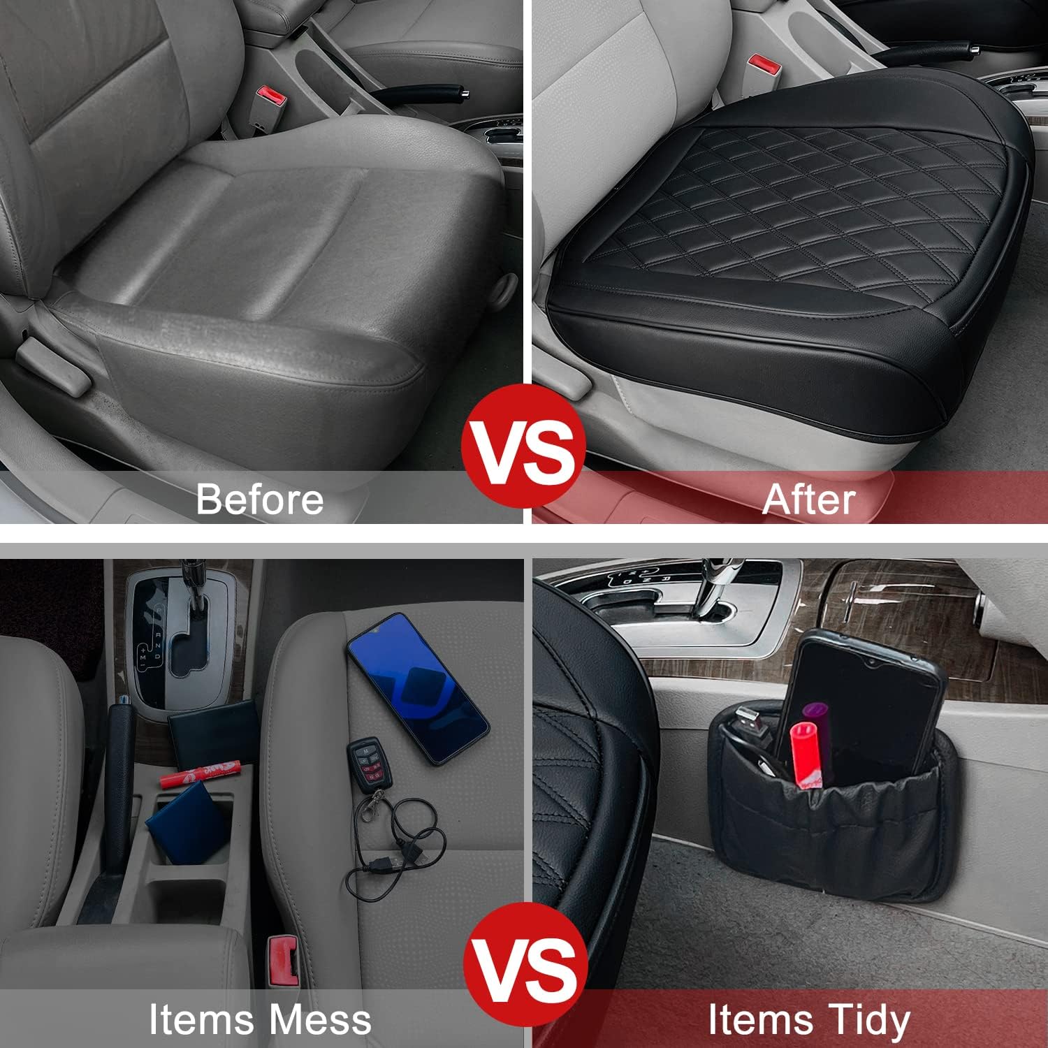 2 Pack Leather Front Car Seat Cover, Anti-Slip and Full Wrap Driver Car Seat Protectors with Storage Pocket, Luxury Waterproof Bottom Auto Seat Cushion Pad Mat for Most Vehicles(Black)