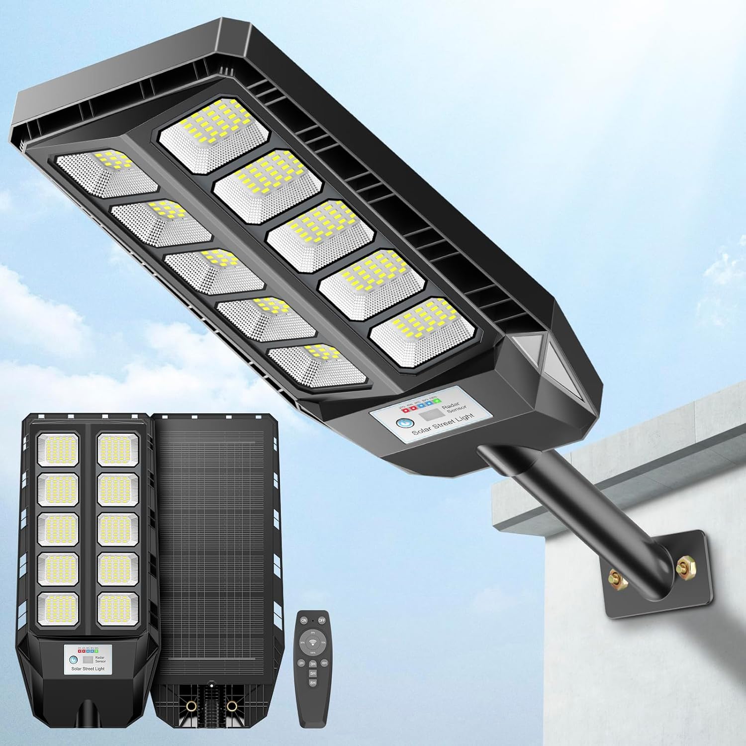Solar Lights Outdoor for Outside, IP66 Waterproof Street Lights Outdoor, 6500K Dusk to Dawn LED Solar Security Flood Lights Motion Sensor with Remote Control for Yard, Entryway Garage, Porch