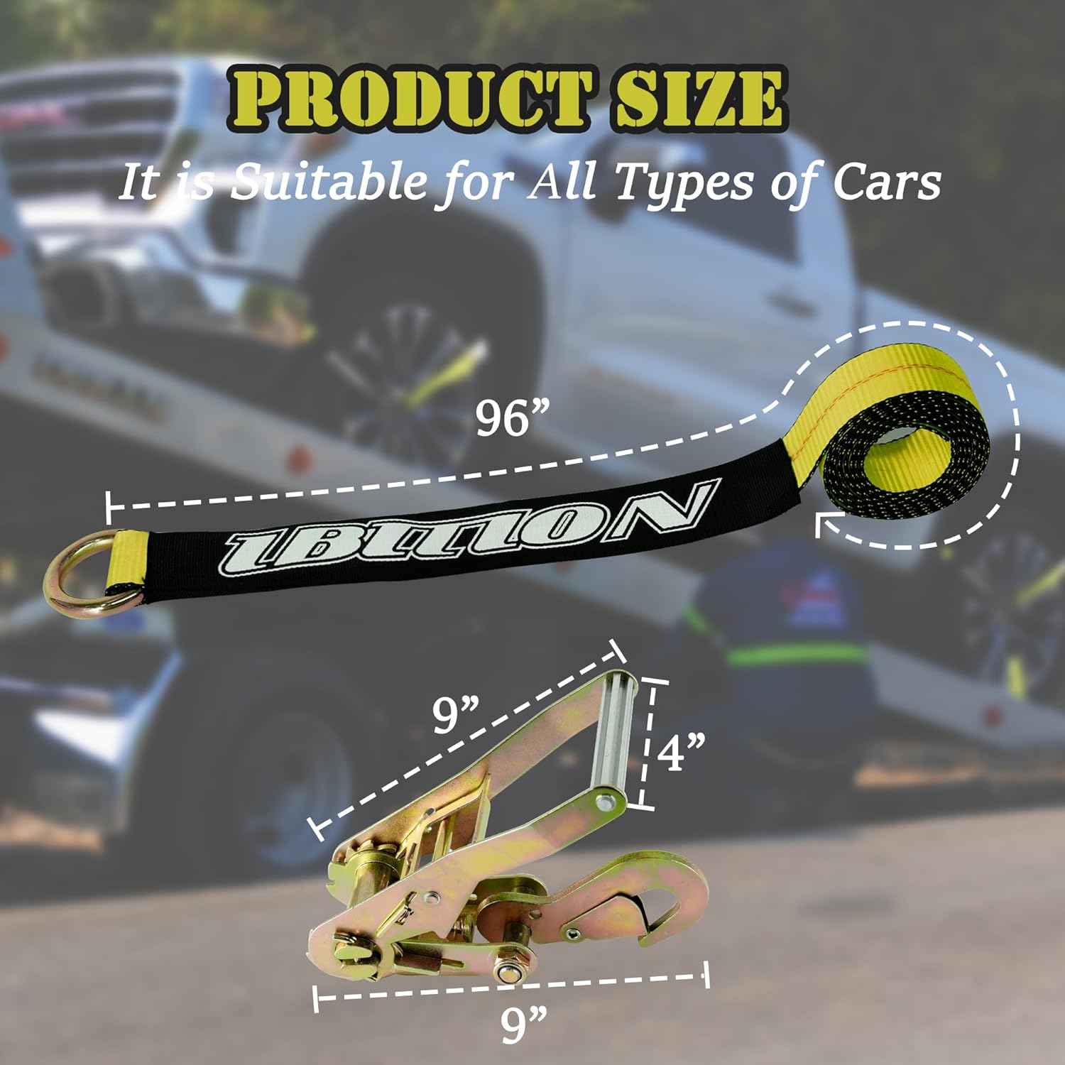 4 Pack Car Tie Down Straps for Trailers - 2" x 96" - 3,300 lbs Safe Working Load -Adjustable Wheel Straps for Hauling Cars.Yellow