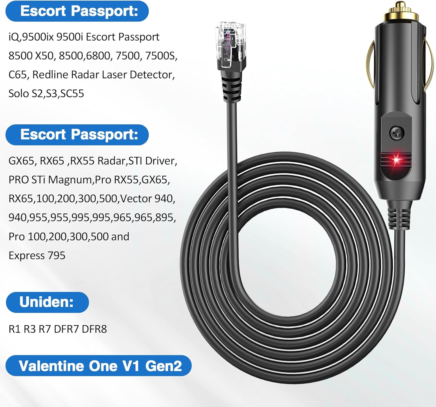 Radar Detector Power Cable Compatible with Escort Max 360 passport 9500ix Valentine One Radenso XP/SP Beltronics Pro RX65 DFR6 DFR7, Replacement Radar Detector Power Cord with RJ11 Ports 6.5ft