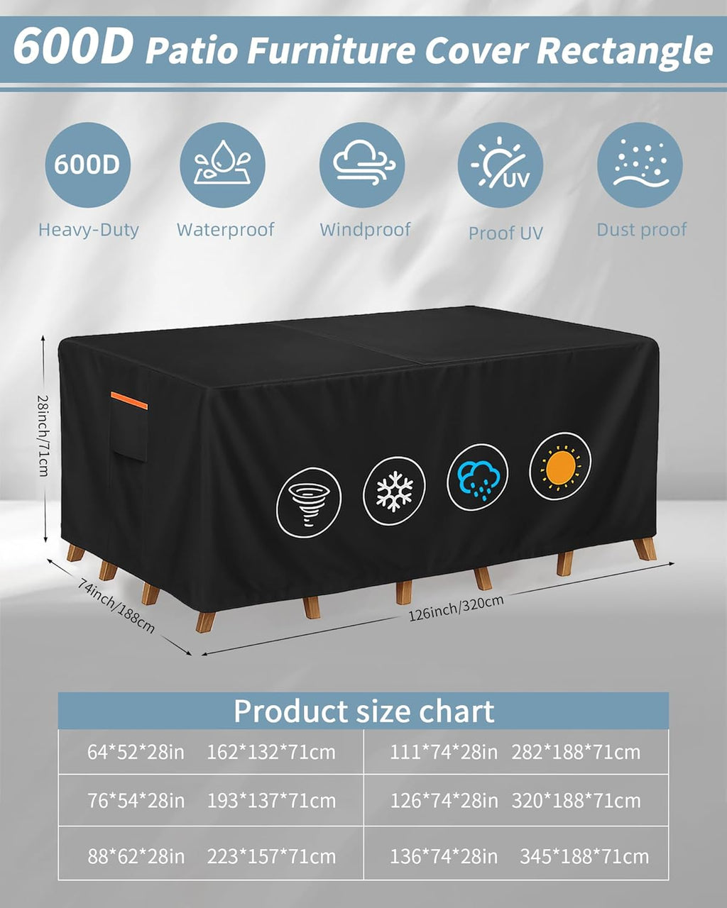 Outdoor Waterproof Furniture Cover, 126W x 74L x 28H inches Heavy Duty 600D Rectangular Table and Chair Set Protection, Black