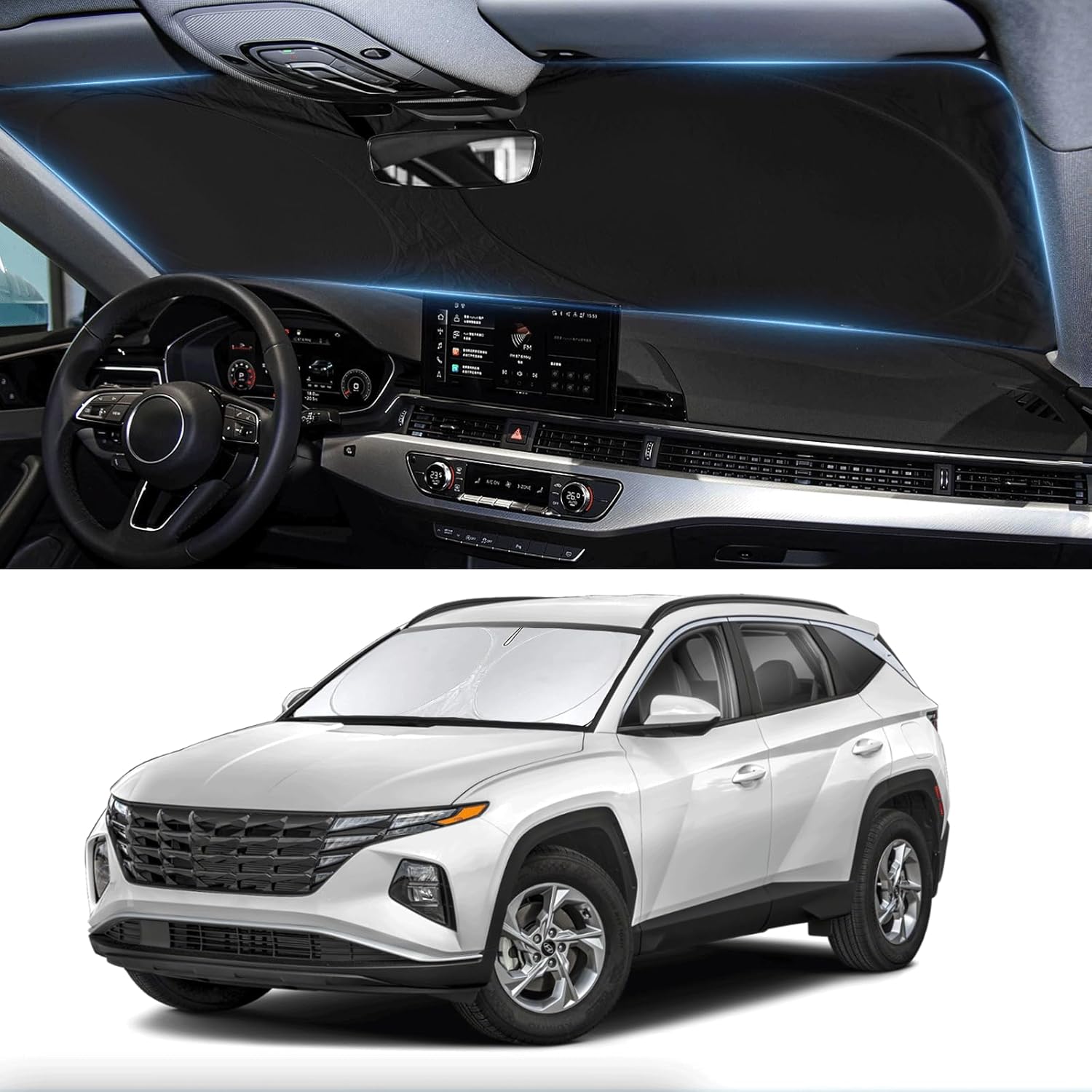 Custom Fit Tucson Windshield Sunshade for Hyundai Tucson 2022-2026 Front Window Retractable Shades Cover for Windshield Sun Visor Protector 210T Reflector Blocks UV Rays Cooler Car Accessories