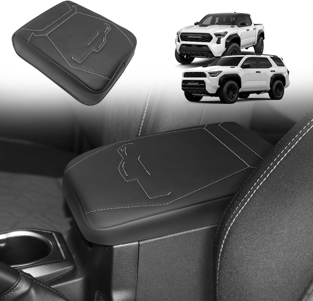 Muslogy Center Console Armrest Cover Compatible with 2024 Toyota Tacoma 2025+ 4Runner Accessories Armrest Lid Protector Vegan Leather Cushion Regular Thick(Black/Gray Stitching)