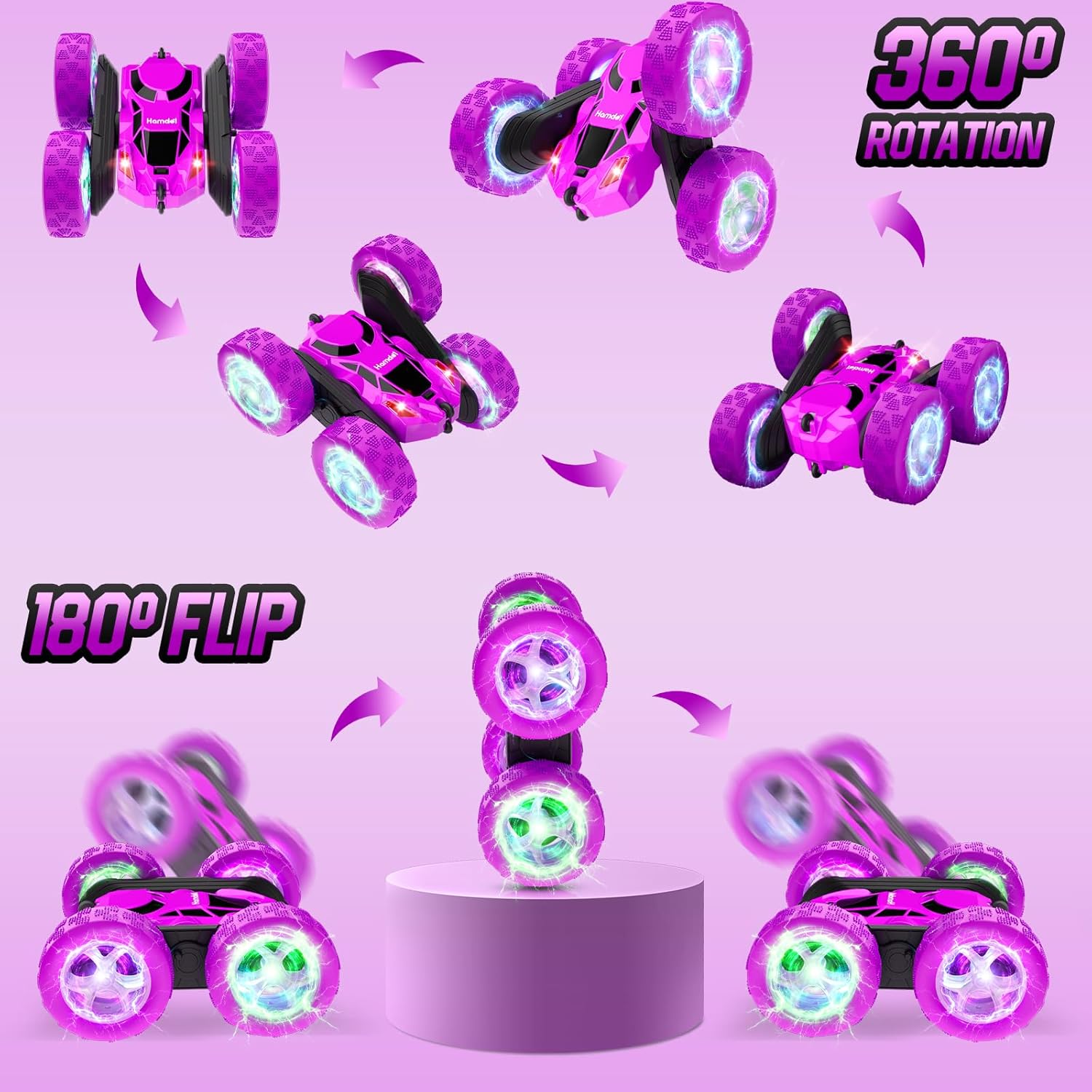 Remote Control Car for Kids Stunt RC Cars with Cool Wheel Lights Double-Sided Driving 360-degree Rotation Boys Toys for Ages 6 7 8 9 10-12 Kids Gift Ideal(Purple)