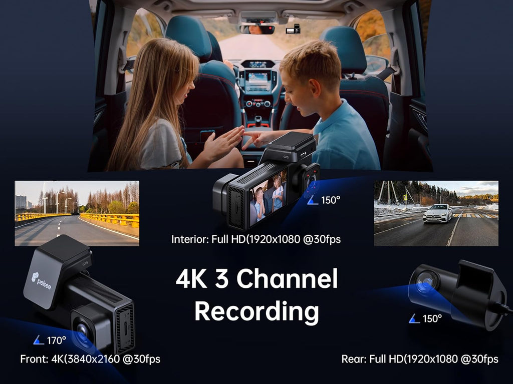Pelsee 4K 3 Channel Dash Cam Front and Rear Inside, Dash Camera for Cars, 4K+1080P+1080P Dashcam with APP & WiFi, 64GB Card Included, Smart Driving System ADAS DMS, 24H Parking Mode,G-Sensor,256GB Max
