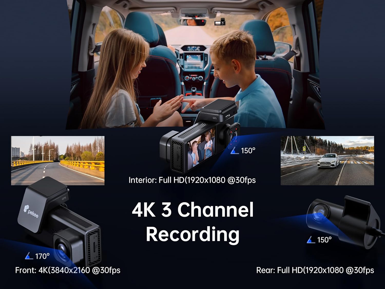 Pelsee 4K 3 Channel Dash Cam Front and Rear Inside, Dash Camera for Cars, 4K+1080P+1080P Dashcam with APP & WiFi, 64GB Card Included, Smart Driving System ADAS DMS, 24H Parking Mode,G-Sensor,256GB Max