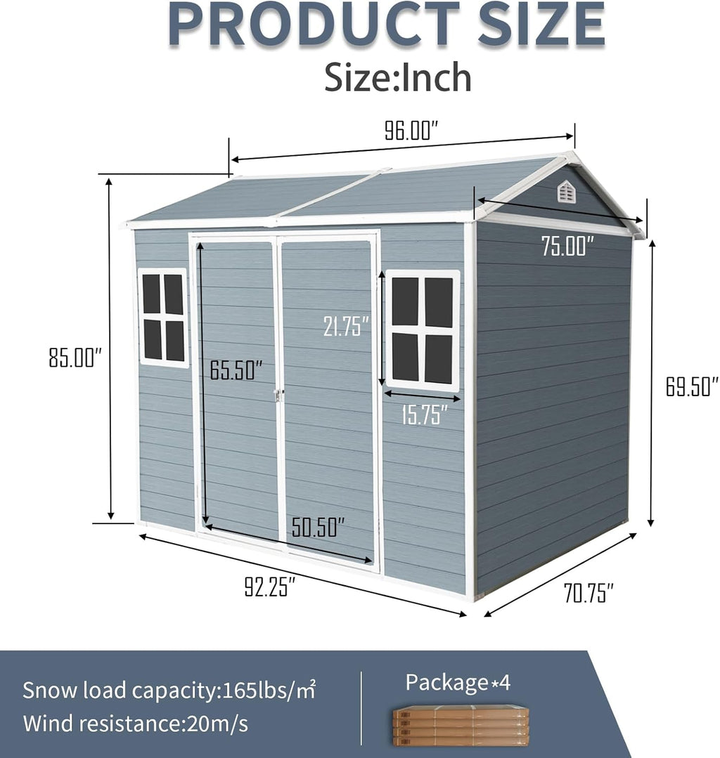 8x6 FT Outdoor Storage Shed, Resin Garden Shed with Thick Floor, Plastic Storage Shed with 2 Windows, Waterproof Outside Tool Shed with Lockable Hinged Doors for Backyard, Patio, Lawn, Light Gray