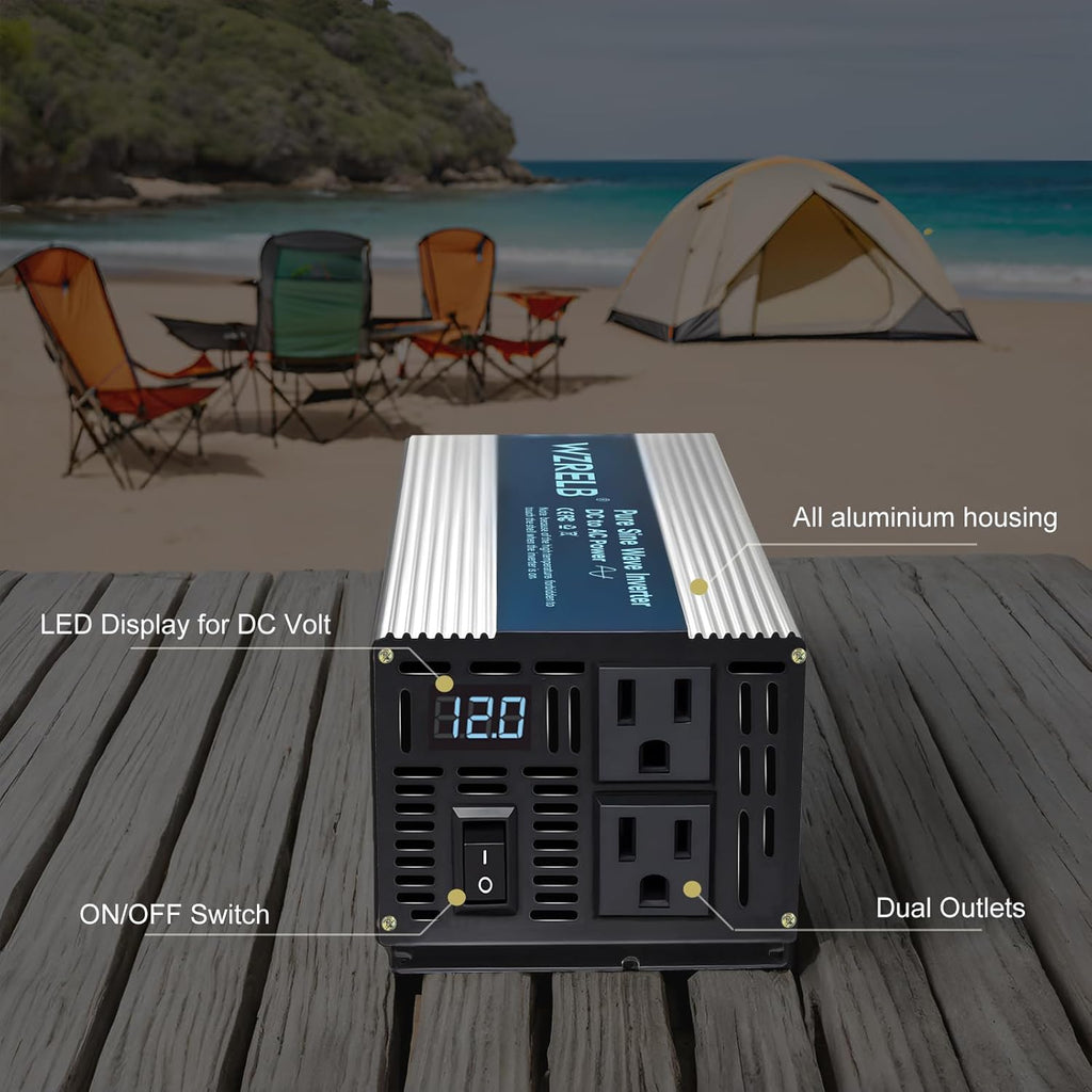 WZRELB 1000W Pure Sine Wave Inverter 12V DC to 110V 120V AC,Car Power Inverter with Dual AC Outlets, LED Display,Off-Grid Portable Power Converter for Home, RV, Truck, Camping